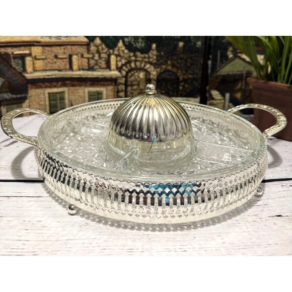Vintage Silver-Plated Glass Relish Tray With Lid & Handles - Picture 5 of 13